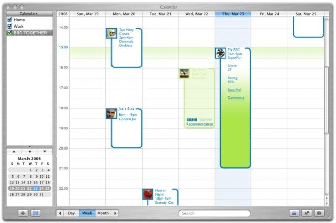 A screenshot of Apple iCal, with events filled from BBC Together showing when shared broadcasts were scheduled.