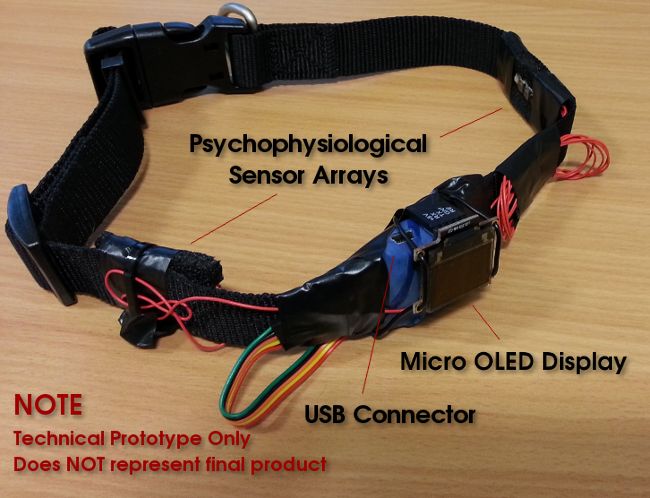 Photograph of a collar with electronic components labelled - Psychosocial sensor arrays, Micro OLED Display, USB Connector. Text says NOTE: Technical Prototype only, does NOT represent final product