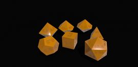 A 3d render of a selection of RPG dice showing all the same numbers of the sides.