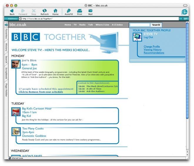 A mockup of the BBC Together page on the BBC site, showing a timeline of shared screenings the user has subscribed to