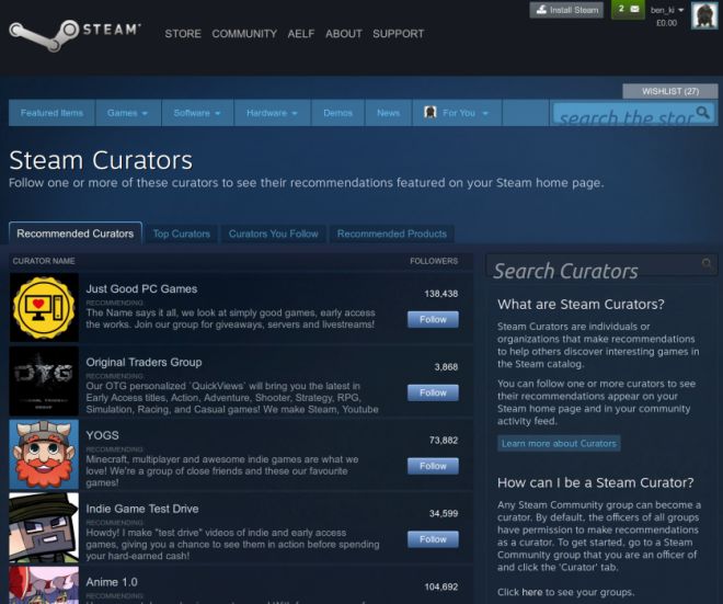 A screenshot of Steam, showing a list of curators and their game reviews.