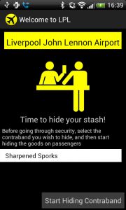 Screenshot of the game showing a player hiding sporks on another passenger at Liverpool airport