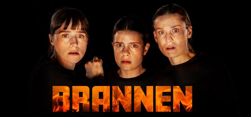 The press photo featuring the large text BRANNEN, written in flames, over a photo of the three main characters with concerned expressions