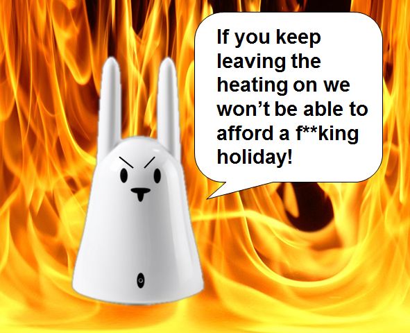 Nabaztag says 'if you keep leaving the heating on we won't be able to afford a f**king holiday!' on a background of flames