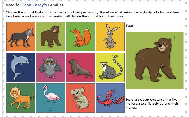 A screenshot of the Familiars 2 voting interface. It shows the user, and a selection of animals they can choose to vote for.