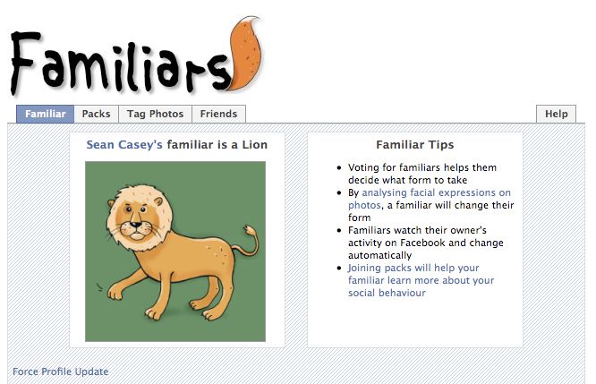 A screenshot of a Facebook page showing the Familiars 2 interface. It shows the users familiar is a Lion, along with some instructions.