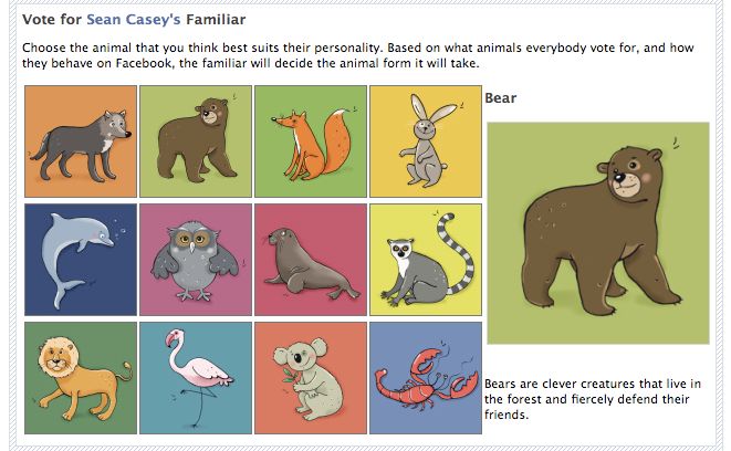 A screenshot of the Familiars 2 voting interface. It shows the user, and a selection of animals they can choose to vote for.