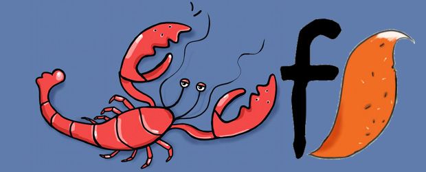 A charming illustration of a lobster next to the game logo, a stylised F with a fox tail