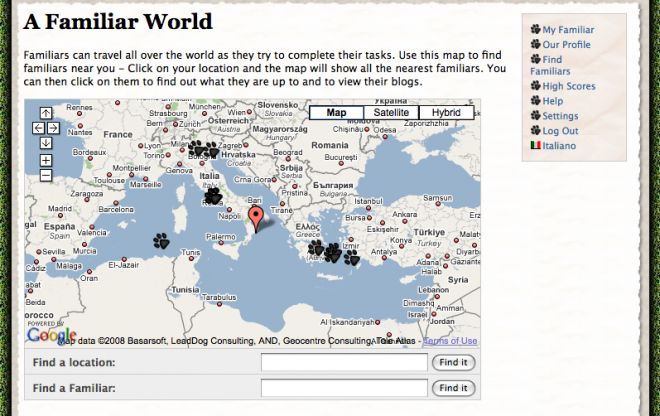 Screenshot of Familiars showing familiars' locations as paw marks on a map of Europe