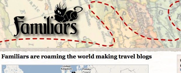 The familiars logo, showing a black cat above a dotted red line on a map illustration