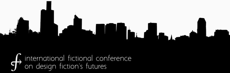 Illustration of a generic skyline with text 'International fictional conference on design fiction's futures'