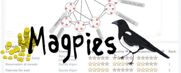 Magpies game logo showing a magpie in front of a network graph
