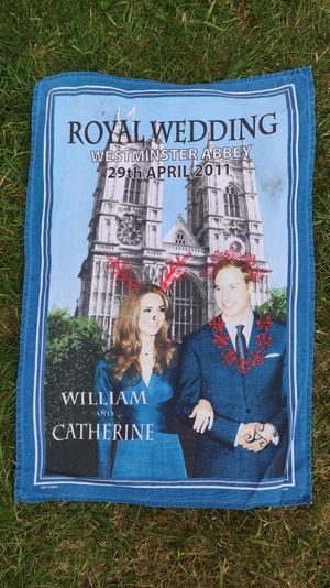 A photo of a commemorative tea towel from the royal wedding between William and Catherine. Catherine has red antlers and William is wearing a crown and necklace of flowers.