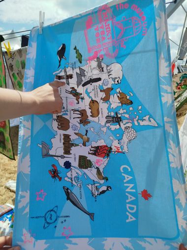 Someone points to a tea towel on the line, showing a map of canada, except every animal has had sunglasses drawn on it