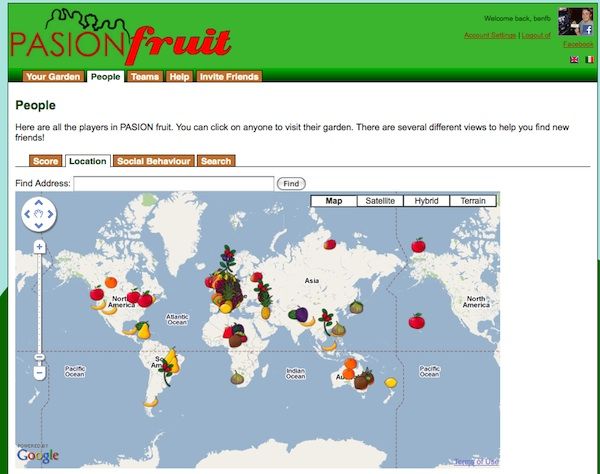 A map of the world showing players in different locations, represented by their native fruit