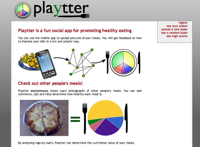 Playtter prototype website, showing a horrible looking pizza being ranked as high in fat and carbs