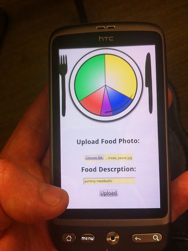 Photograph of mobile phone with Playtter interface, allowing upload of food pictures