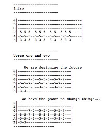 Guitar tabs for a basic song, with lyrics 'We are designing the future/We have the power to change things...'