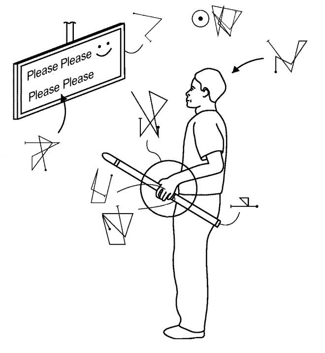 Patent diagram showing a person holding a rod facing a screen showing the words please please please. The scene is surrounded by magical symbols replacing the labels