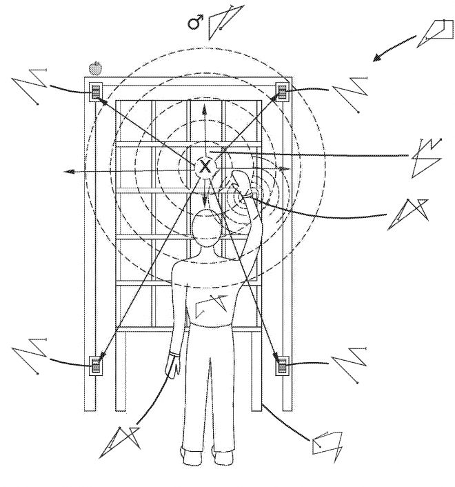 Patent diagram showing a person waving their arm at a door. The scene is overlaid with concentric circles and magickal sigils