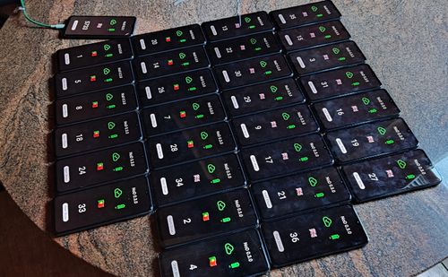 Photograph of dozens of phones laid out on a table for testing